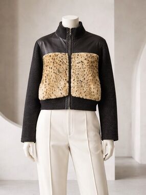 Victoria Harbour Womens Leather Fur Knitting Zip Cardigan Sweater Brown Size L